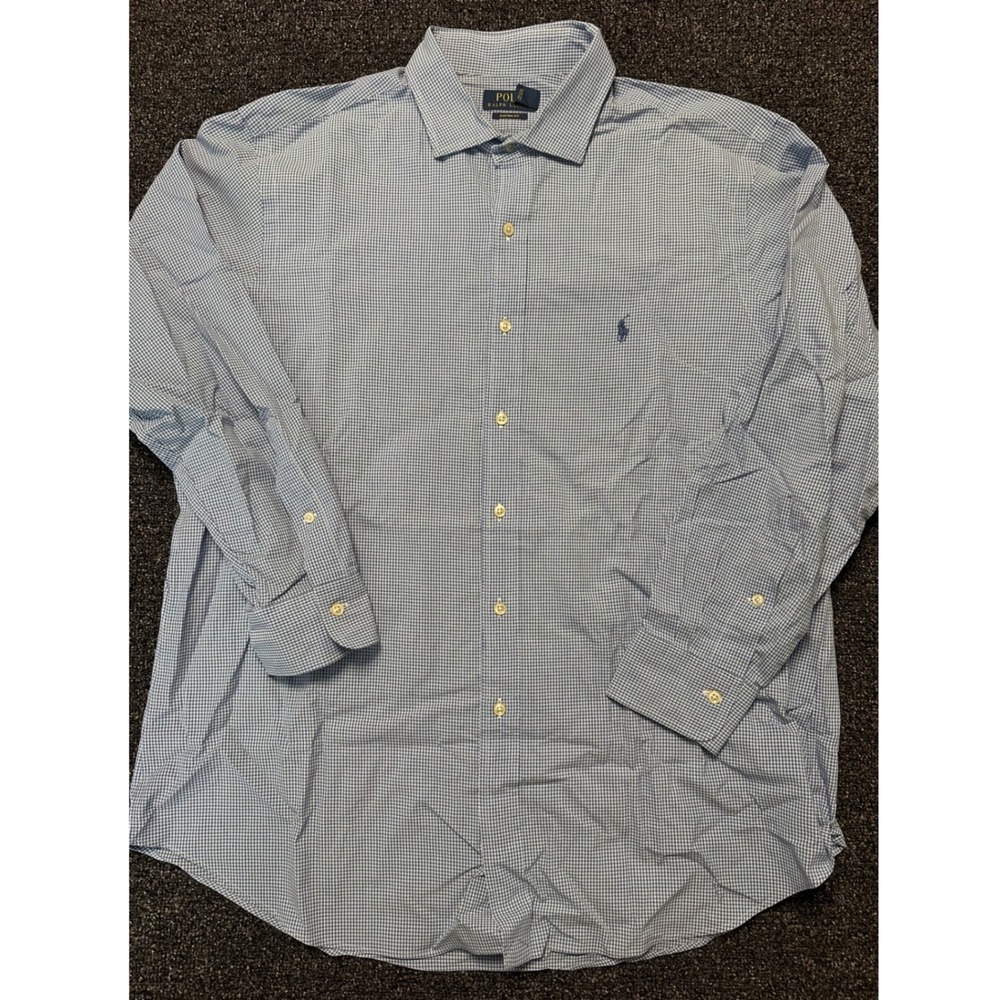 Polo Ralph Lauren Mens Gingham Dress Shirt Blue White Custom Fit 17.5 32-33